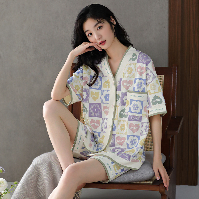 New Pajamas Women's Summer Simplicity Pure Cotton Cardigan Lapel Short Sleeve Large Size High-End Summer Can Be Outerwear Homewear