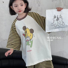 波拉韩国童装2024夏季潮范中大童韩版拼接卡通图案家居服黄色套装