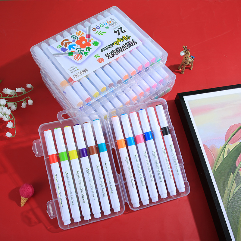 厂家跨境24色水溶性丙烯水彩笔儿童彩笔套装全套件可水洗画笔批发