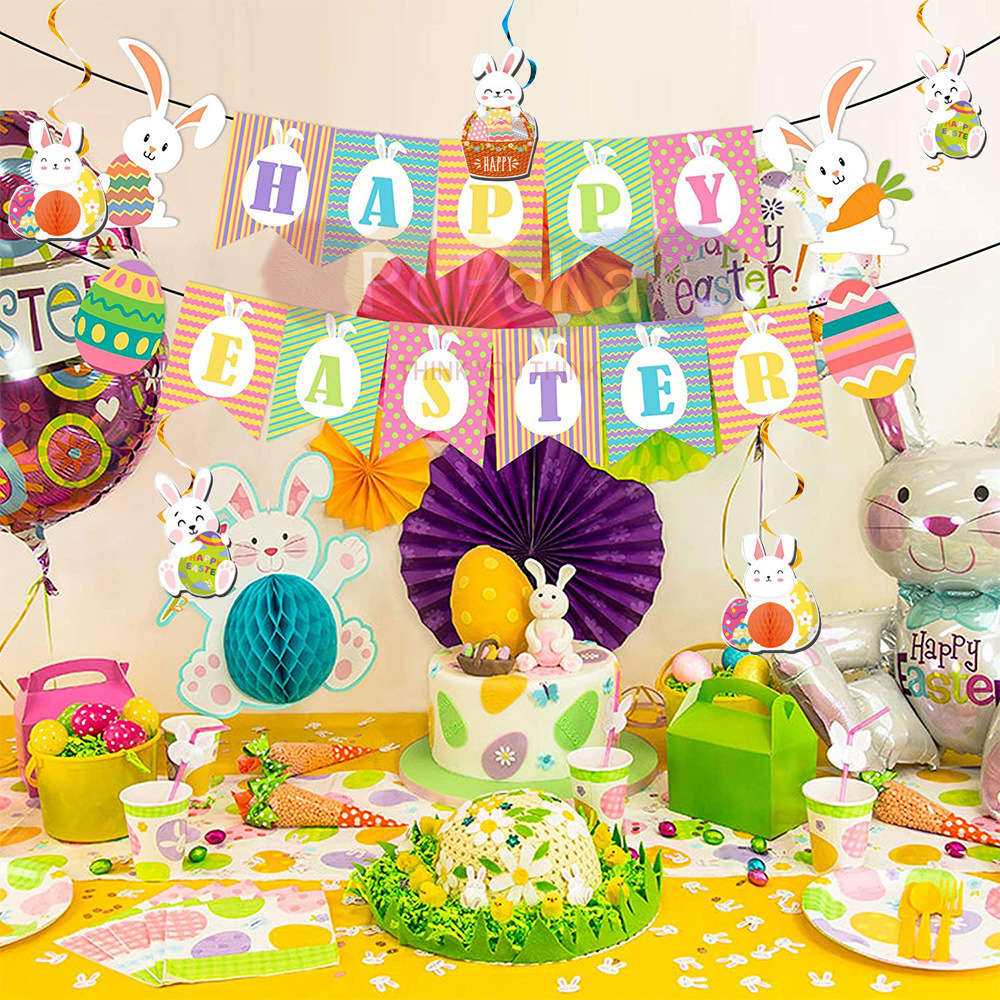 复活节毛毡兔子拉旗派对装饰品纸质横幅螺旋挂饰节日场景布置套装