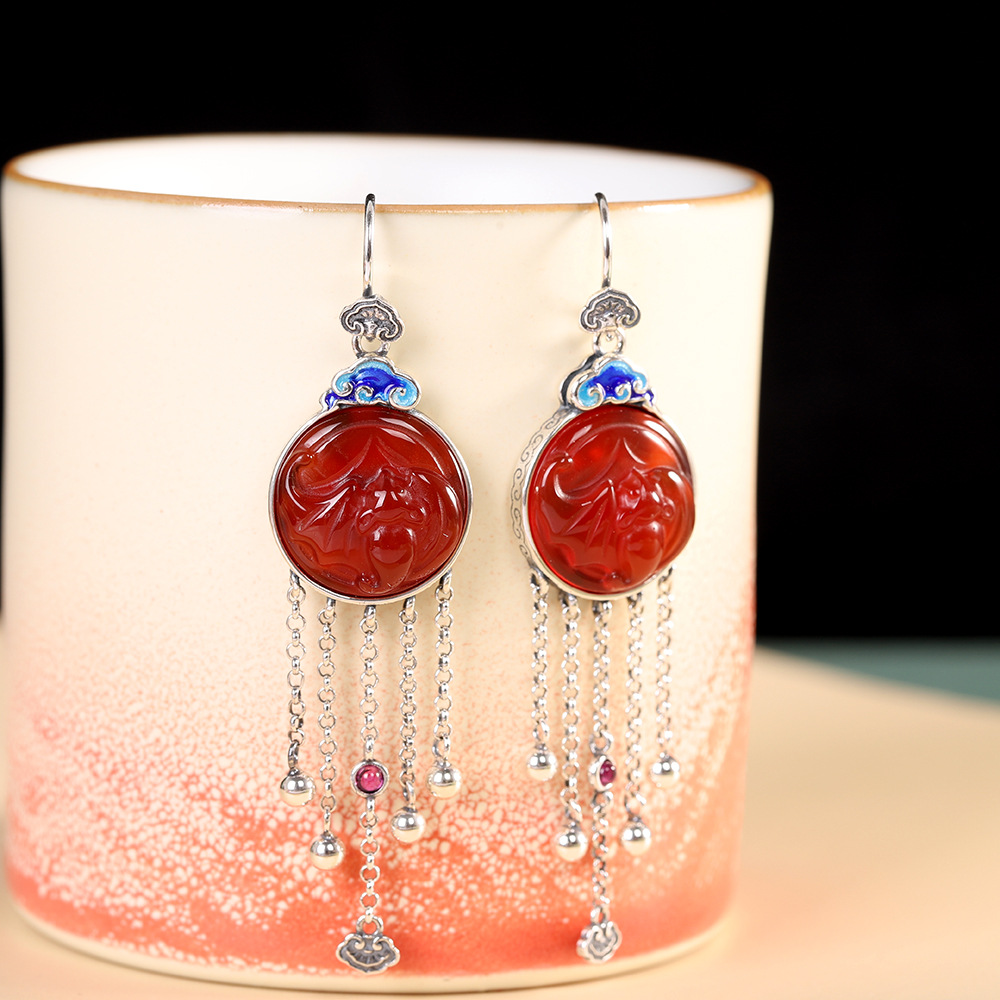 人品银品 s925银镶红玛瑙流苏耳坠 复古女款时尚宫廷风耳饰-阿里巴巴