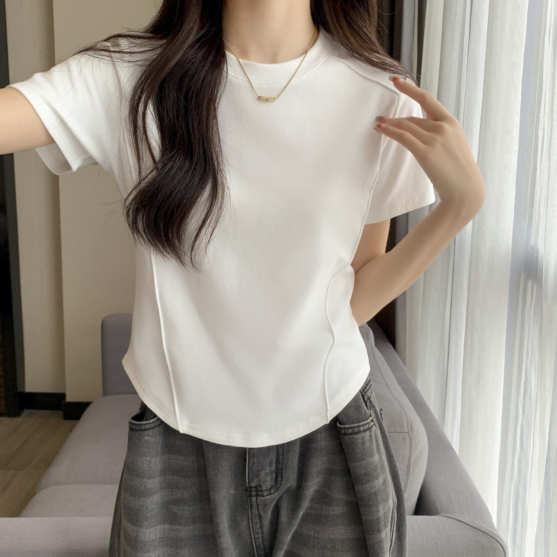 real shot spot white short-sleeved t-shirt for women 2024 spring and summer new round neck solid color all-match slim fishbone top