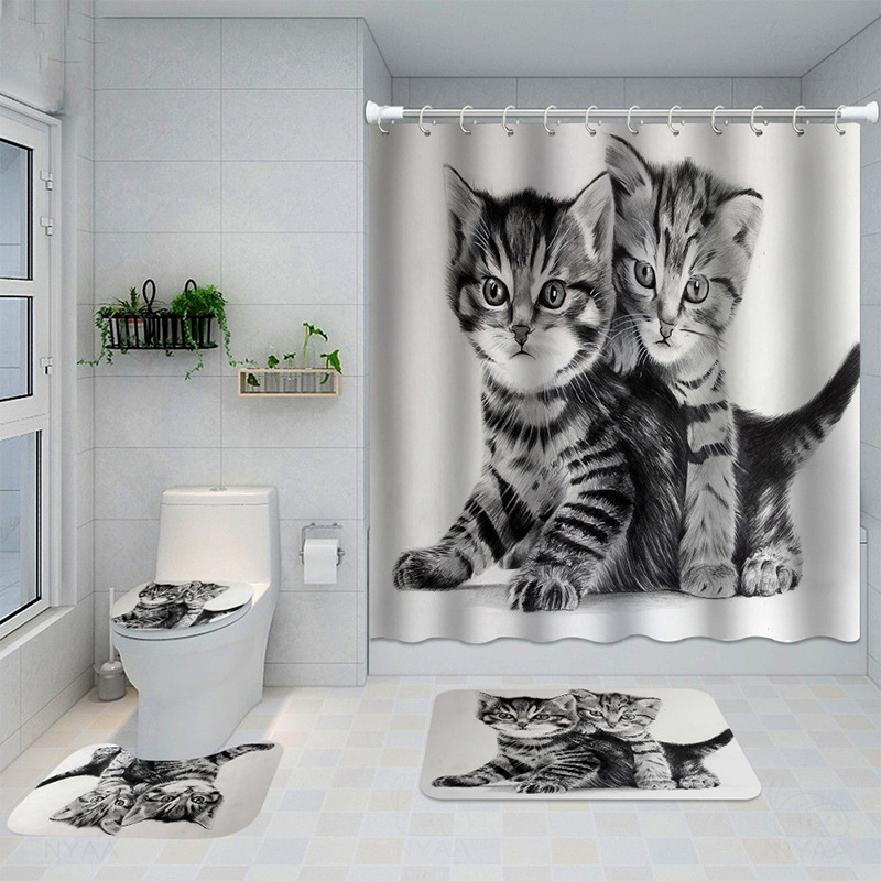 New Cross-Border Foreign Trade Shower Curtain Four-Piece Waterproof Bathroom Three-Piece Floor Mat Shower Curtain Toilet Mat Cat Printing