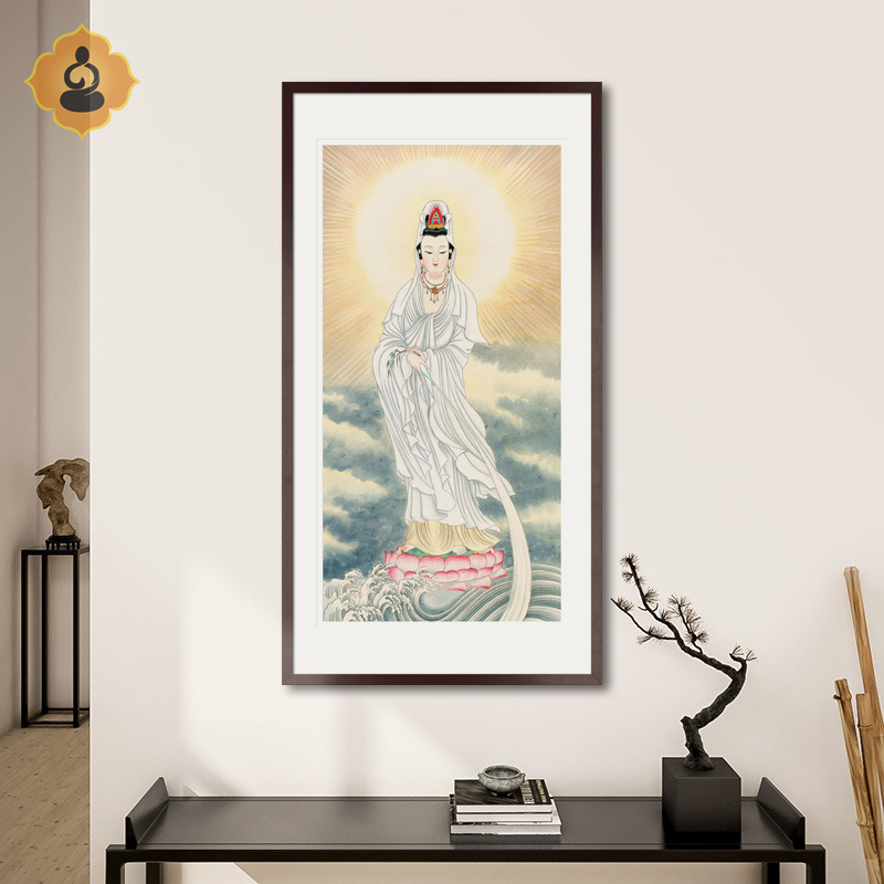 工笔佛像国画南海白衣观音菩萨画像佛堂玄关供奉中式挂画水晶摆台