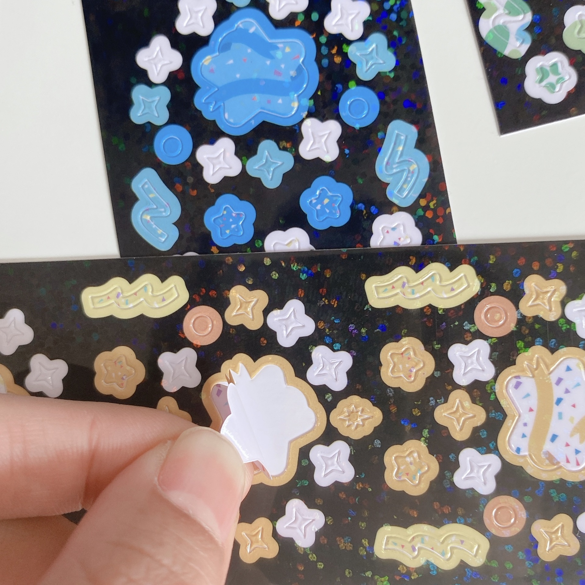 韩国星星花花奶牛丝带咕卡贴纸闪闪diy手账照片明星小卡装饰素材