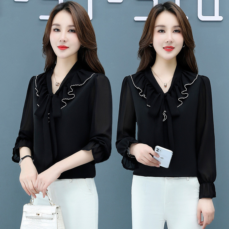 2023 Women's Spring New Korean Style All-Match White Shirt Women's Long Sleeve Temperament Bandage Bow Chiffon