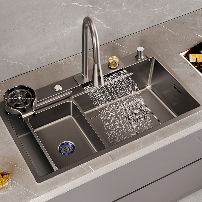 枪灰厨房大单槽轻奢纳米不锈钢手工水槽洗菜盆洗碗池下水家用304