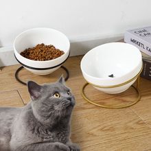 倾斜宠物碗架水碗猫碗陶瓷猫碗含铁架猫食盆保护颈椎卡通猫咪餐桌