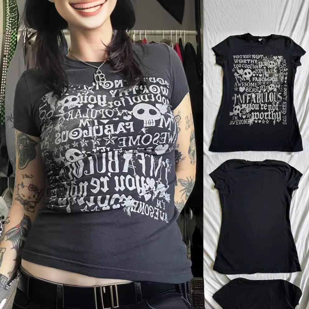 亚马逊 新款 女装 棉T恤 复古 字母 印花黑色修身打底衫（1081#）