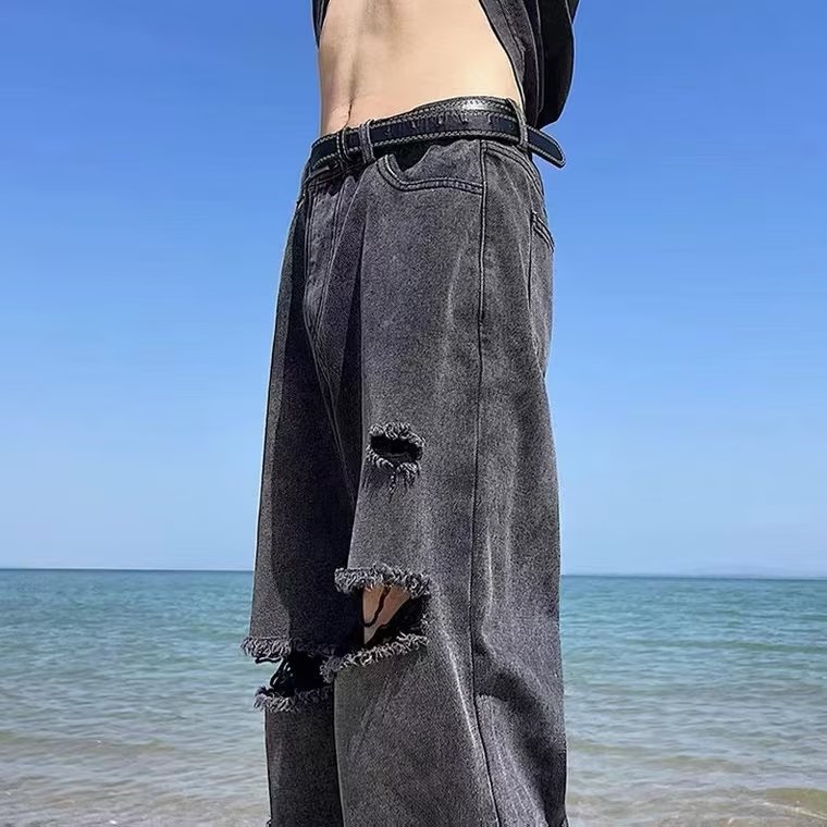 INS Hip Hop High Street Fashion Brand Retro Daddy Pants Knee Ripped Leisure Straight Jeans Men's Loose Wide Leg Pants