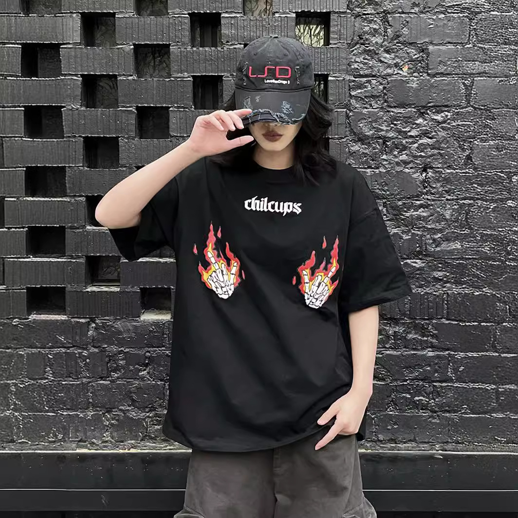 纵驰衣社欧美嘻哈火焰字母短袖t恤男潮牌宽松情侣休闲百搭纯棉tee
