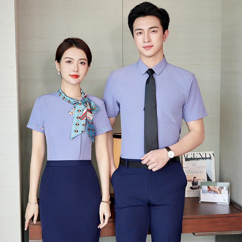 夏季新款男女同款短袖衬衫职业装白色蝴蝶结空姐酒店前台工作服