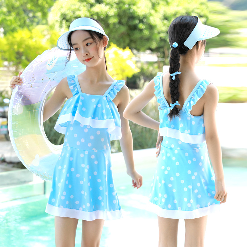 大童泳衣带胸垫连体裙式波点吊带裙女孩儿可爱荷叶边泡温泉游泳装