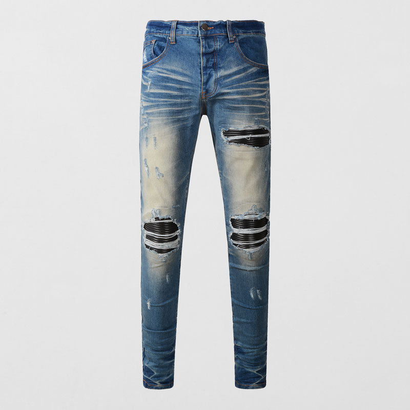 Fashion Street Fashion Men's Jeans Blue Washed Make Old Ripped Patch Stretch Slim-Fitting Fashion Brand Men's Trousers