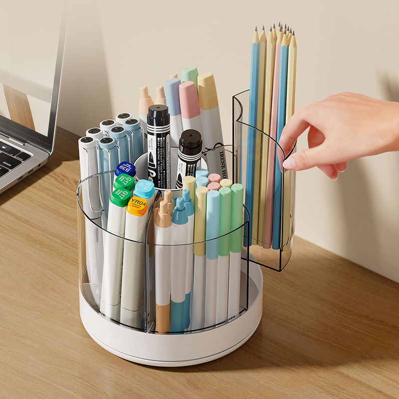 Rotating Pen Holder Large Capacity Desktop Office Student Minimalist Cute Desktop Cosmetics Storage Box Makeup Brush Barrel Pencil Case