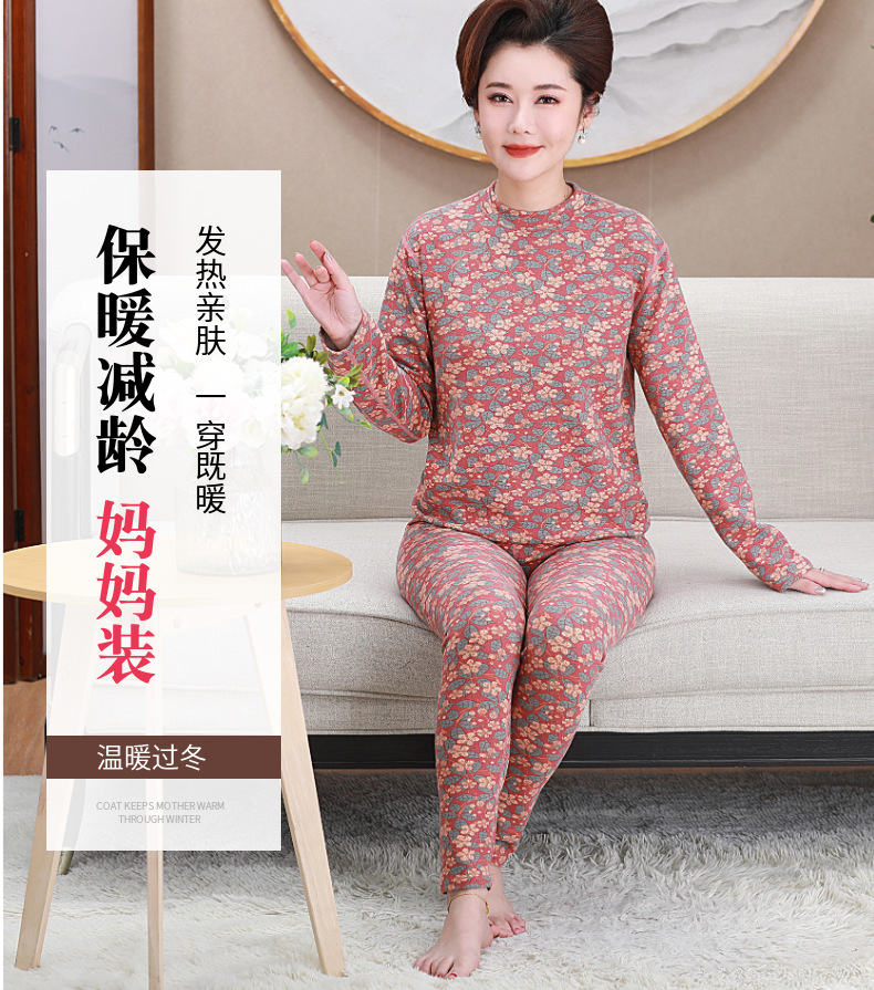 中老年大码印花徳绒保暖套装女士半高领宽松秋冬加绒妈妈装批发详情2