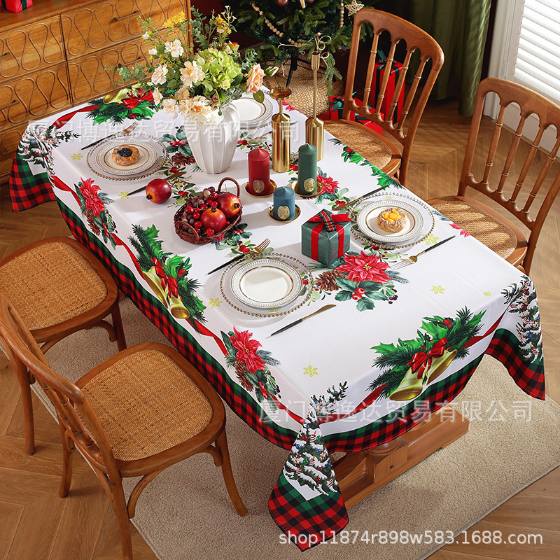 亚马逊新款圣诞节桌布铃铛花朵印花防水防油餐桌布派对茶几布台布