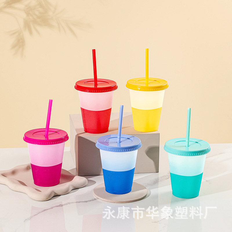 Cross-Border Hot Pp Temperature-Sensitive Plastic Color Changing Cup 16Oz Straw Cup Cold Color Changing Cycle Use Can Be Customized Logo