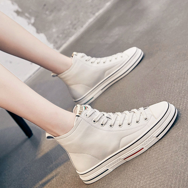 真皮高帮鞋女小白鞋2021春秋新款百搭平底高腰板鞋休闲单鞋运动鞋