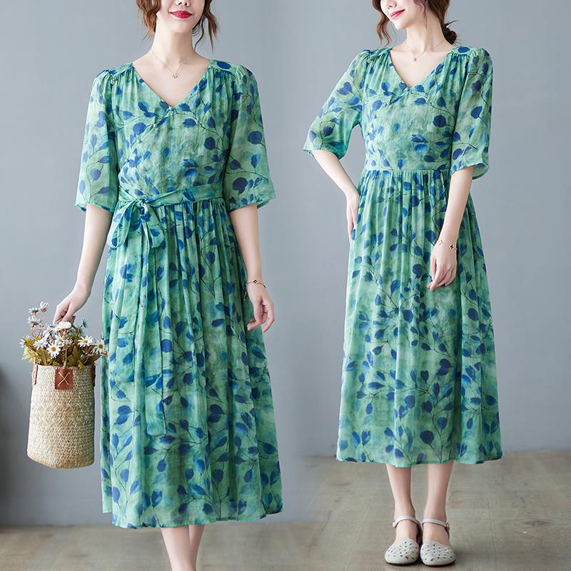 2022夏新品水墨青华春时尚舒适印花裙子大摆中长款连衣裙胖mm大码