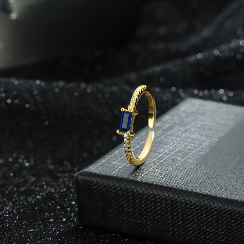 s925纯银排钻蓝色四方锆石开口戒指女欧美跨境时尚叠戴ins食指戒