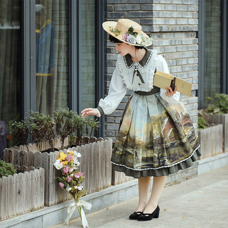 【微光op】原创设计油画柄田园风复古甜美lolita裙秋季