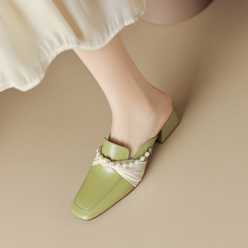 牛皮包头拖鞋女方头浅绿清新网纱珍珠点缀穆勒拖外穿通勤中跟半拖