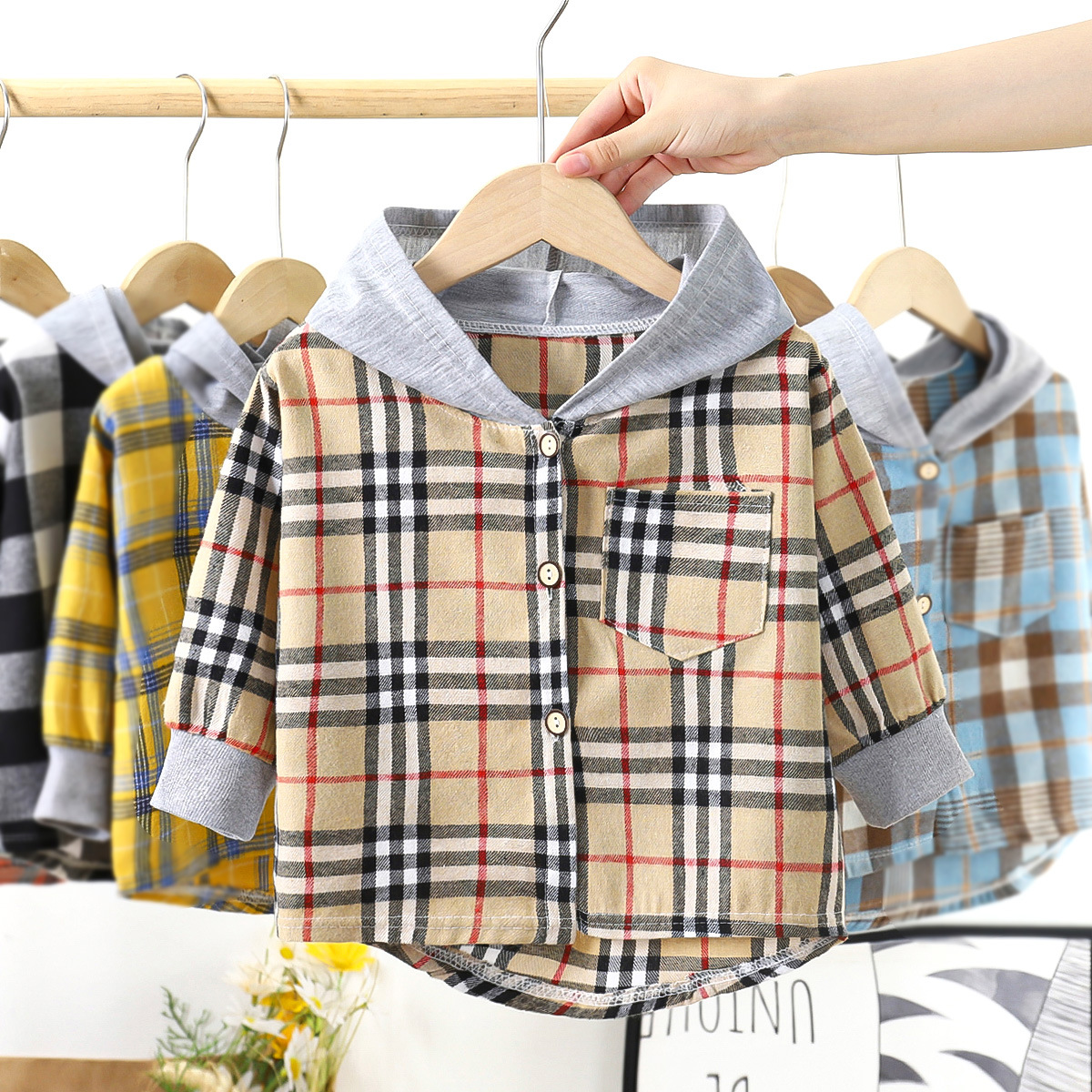 Children's Spring Autumn Blouse Children's Clothing Boy Hooded Plaid Shirt Baby Girl Long Sleeve Plaid Bottoming Outer