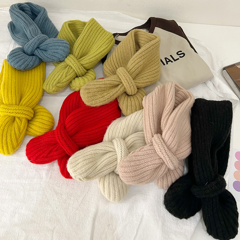 New Solid Color Cross Children's Scarf Autumn and Winter Korean Style Knitted Wool Children's Baby Neck Protection Soft Glutinous Small Scarf