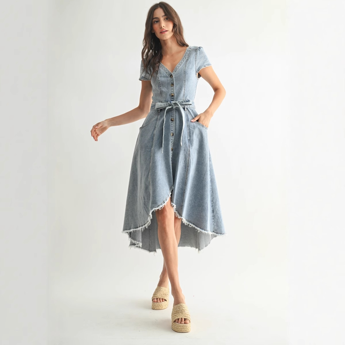 Front Button Down Asymmetrical Denim Dress欧美牛仔连衣裙女