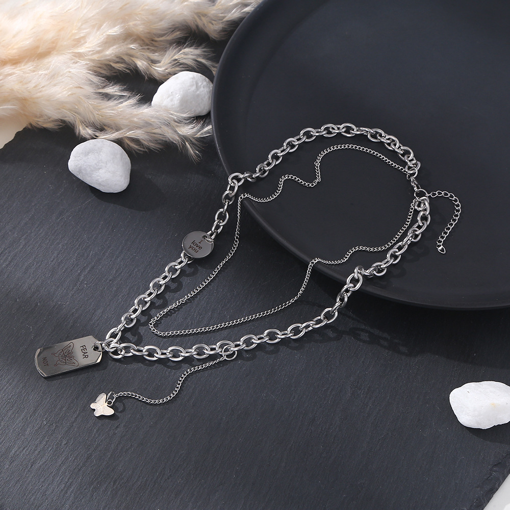 Cross-Border European and American Style Double-Layer Titanium Steel Necklace Niche Cool Earth Letter Tag Vintage Sweater Chain Cold Style Clavicle Chain