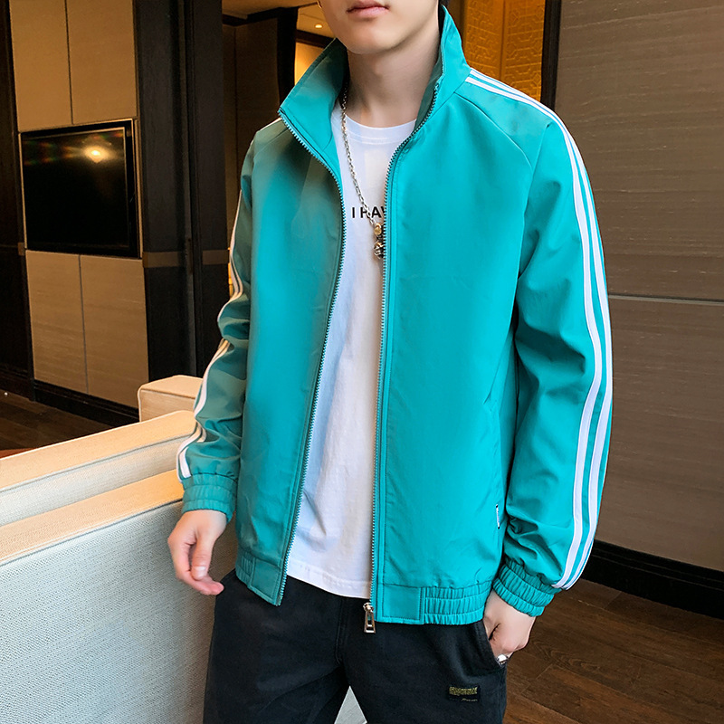 2021条纹休闲夹克男秋季新款运动潮流男装工装外套韩版帅气上衣服
