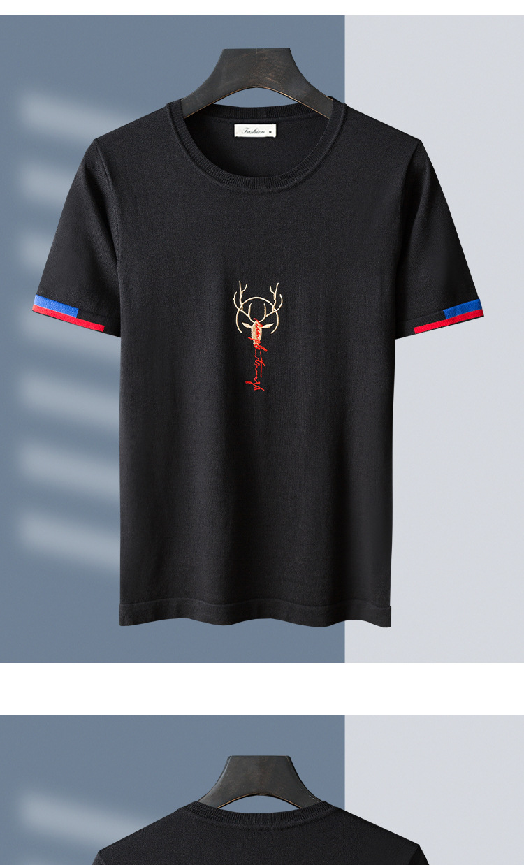 夏季冰丝针织短袖薄款鹿头刺绣冰爽丝重磅线衣男半袖现货一件代发