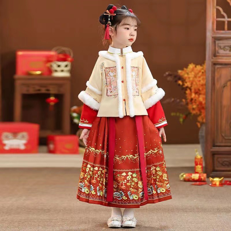 Original Children's Han Chinese Costume Girls New Year Clothes Chinese Style Tang Suit with Velvet Daily Horse-Face Skirt New Year Clothes Autumn and Winter Suit