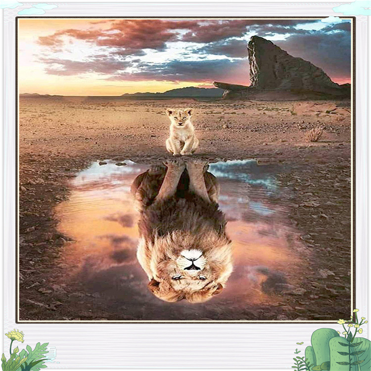 新款5d钻石画外贸饰品倒影狮子 diy钻石十字绣东南亚欧美速卖通