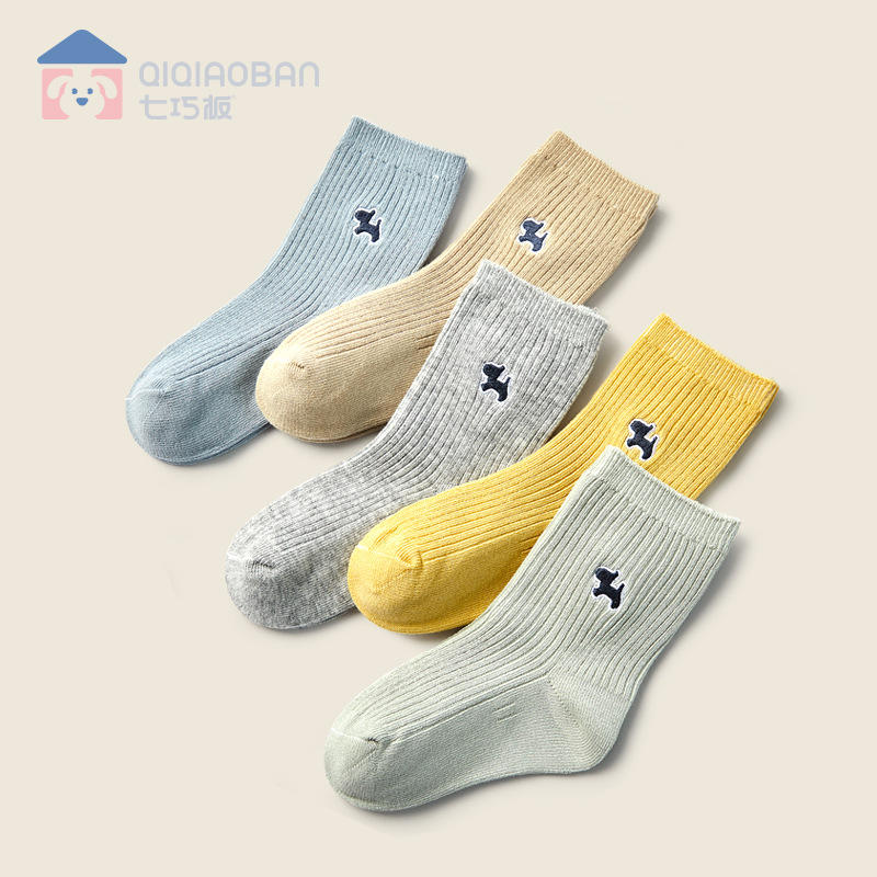 七巧板儿童袜子批发秋冬新款纯色刺绣儿童袜子宝宝男童女童中筒袜