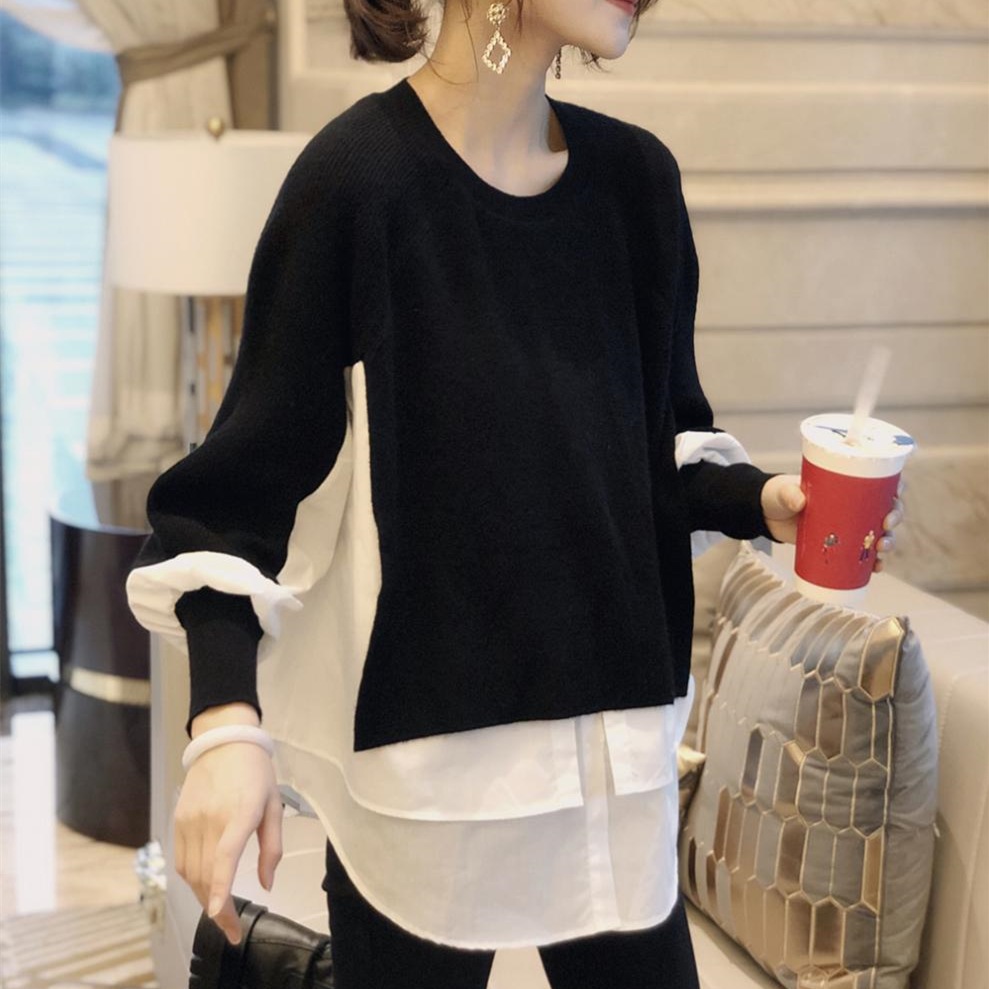 European Station 2023 Spring and Autumn New Women's Knitwear Fashion Sweater False Two-Piece Patchwork Pullover Women's Top Women Clothes