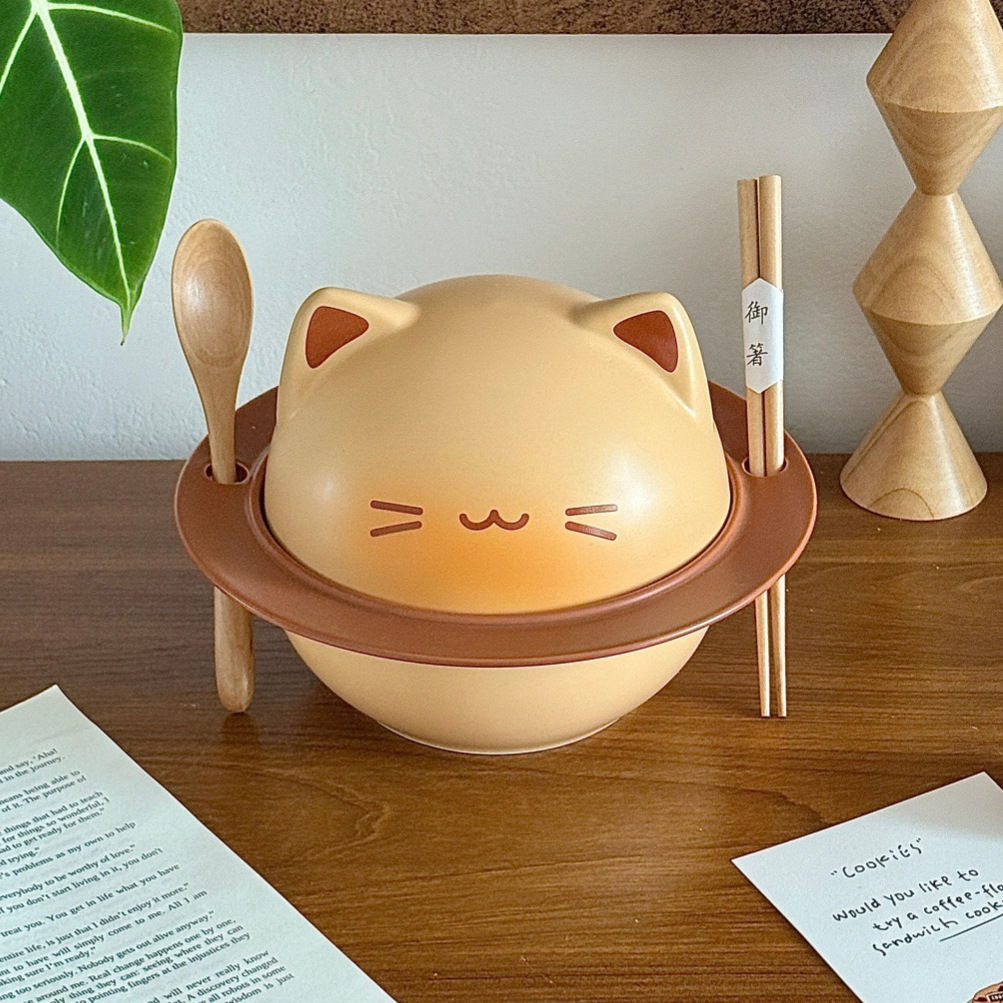 创意卡通烤面包小猫系列釉下彩陶瓷泡面碗餐具套装学生宿舍家用