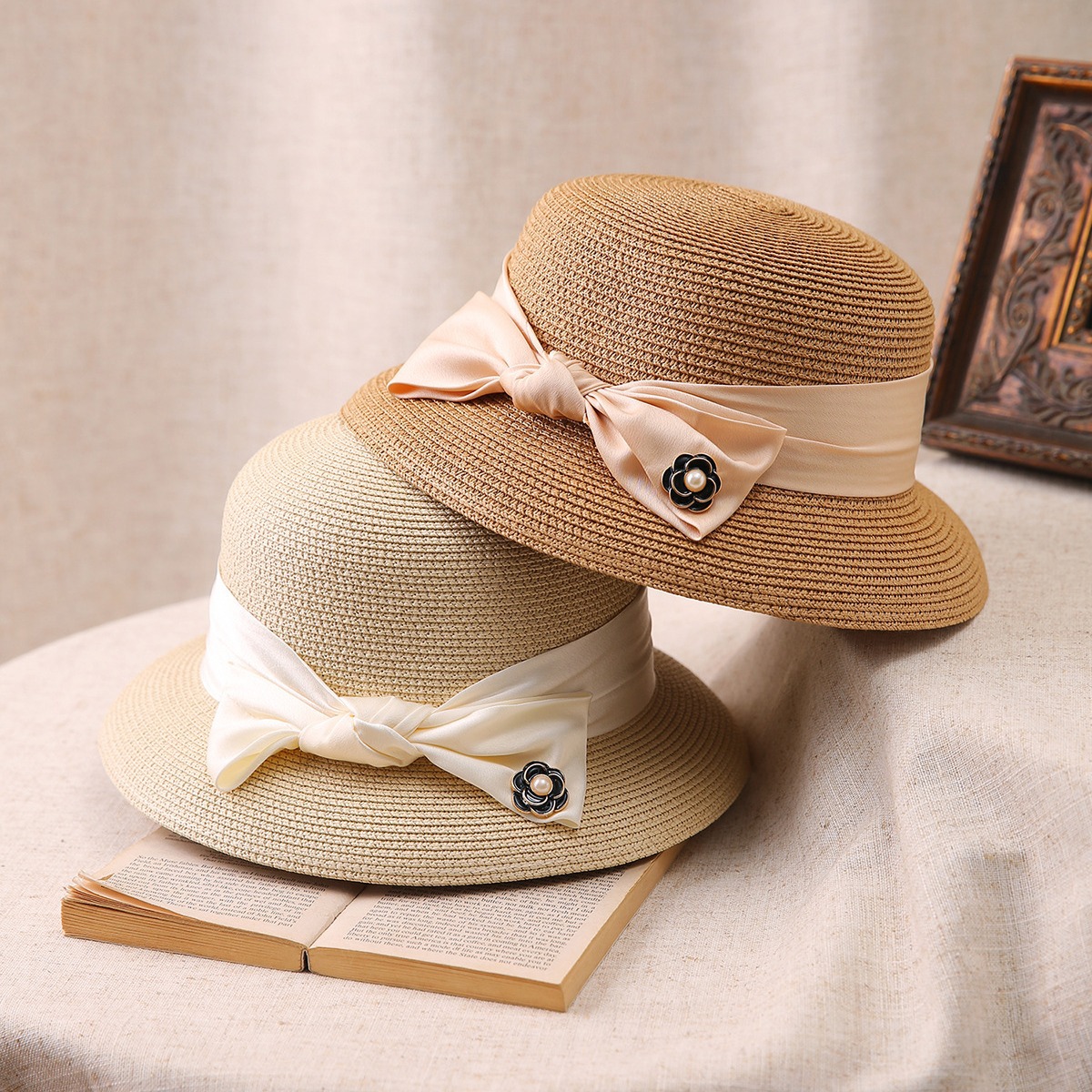 2024新款大檐草编夏季遮阳海边度假小花太阳帽可爱甜美防晒草帽子