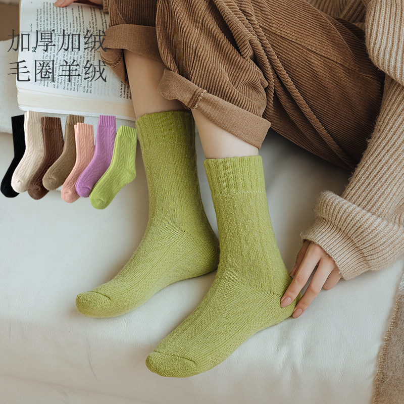 Women's Socks Autumn and Winter Thickened Fleece-lined Tube Socks Wool Cashmere Warm High-Top Winter Twist Cotton Socks Long Socks