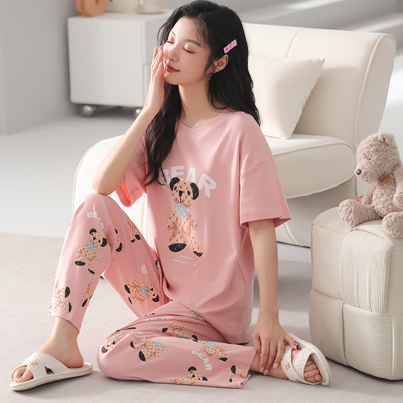 Women's Cotton Pajamas Spring/Summer New Cartoon Girls Can Wear outside plus Size round Neck Cotton Short-Sleeved Trousers Home Wear Summer