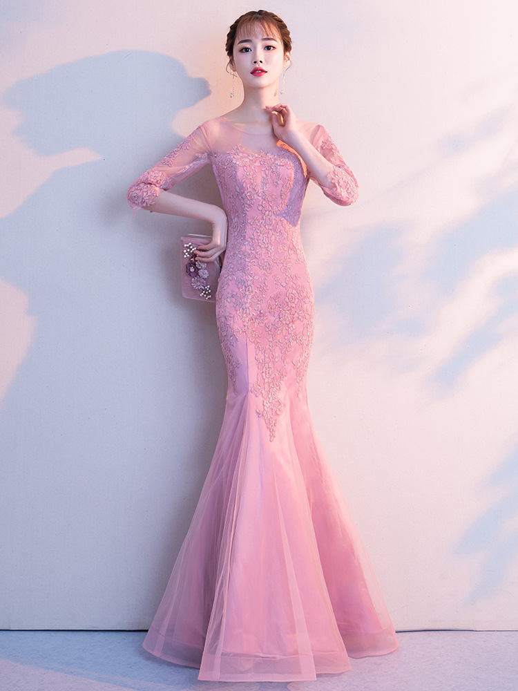 粉色晚礼服女高端宴会气质修身名媛年会主持人连衣裙鱼尾长款性感