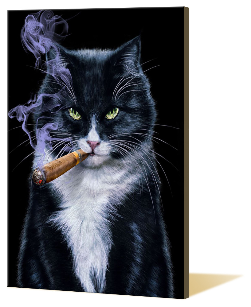 跨境代发 亚马逊 猫吸烟创意图案客厅图片油画艺术装饰画帆布画