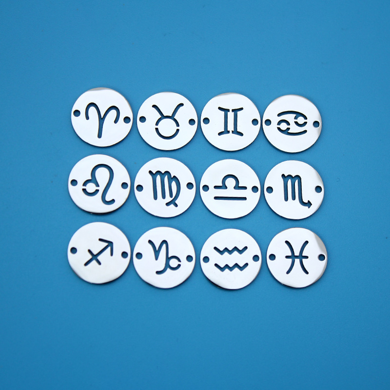 十二星座圆形小吊坠 双孔圆片小挂件 diy手链项链配件 不锈钢饰品