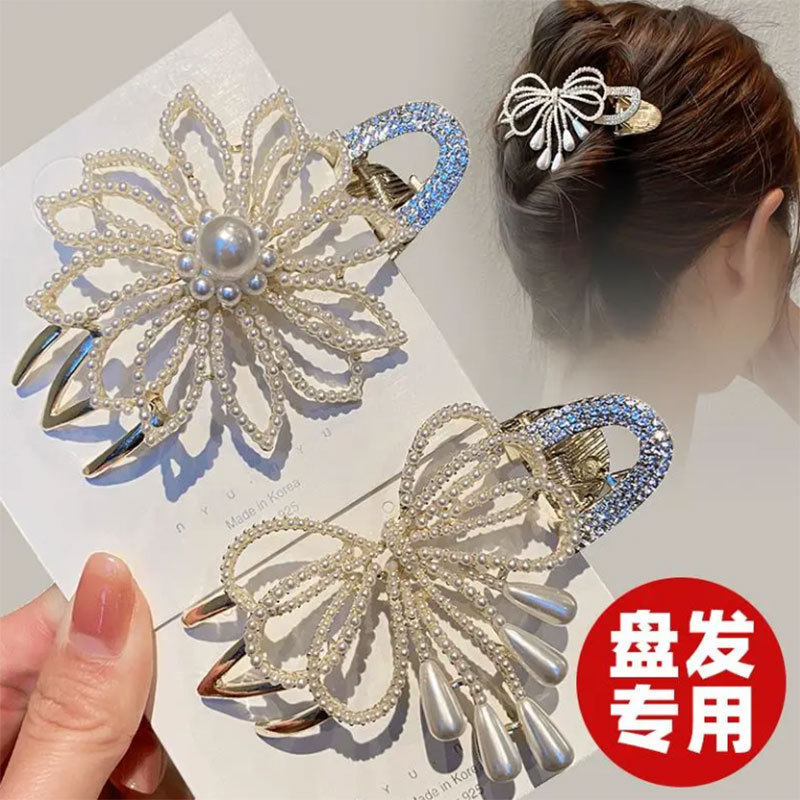 韩国发夹优雅气质妈妈鸭嘴夹三齿夹大号盘发发卡水钻珍珠夹子头饰