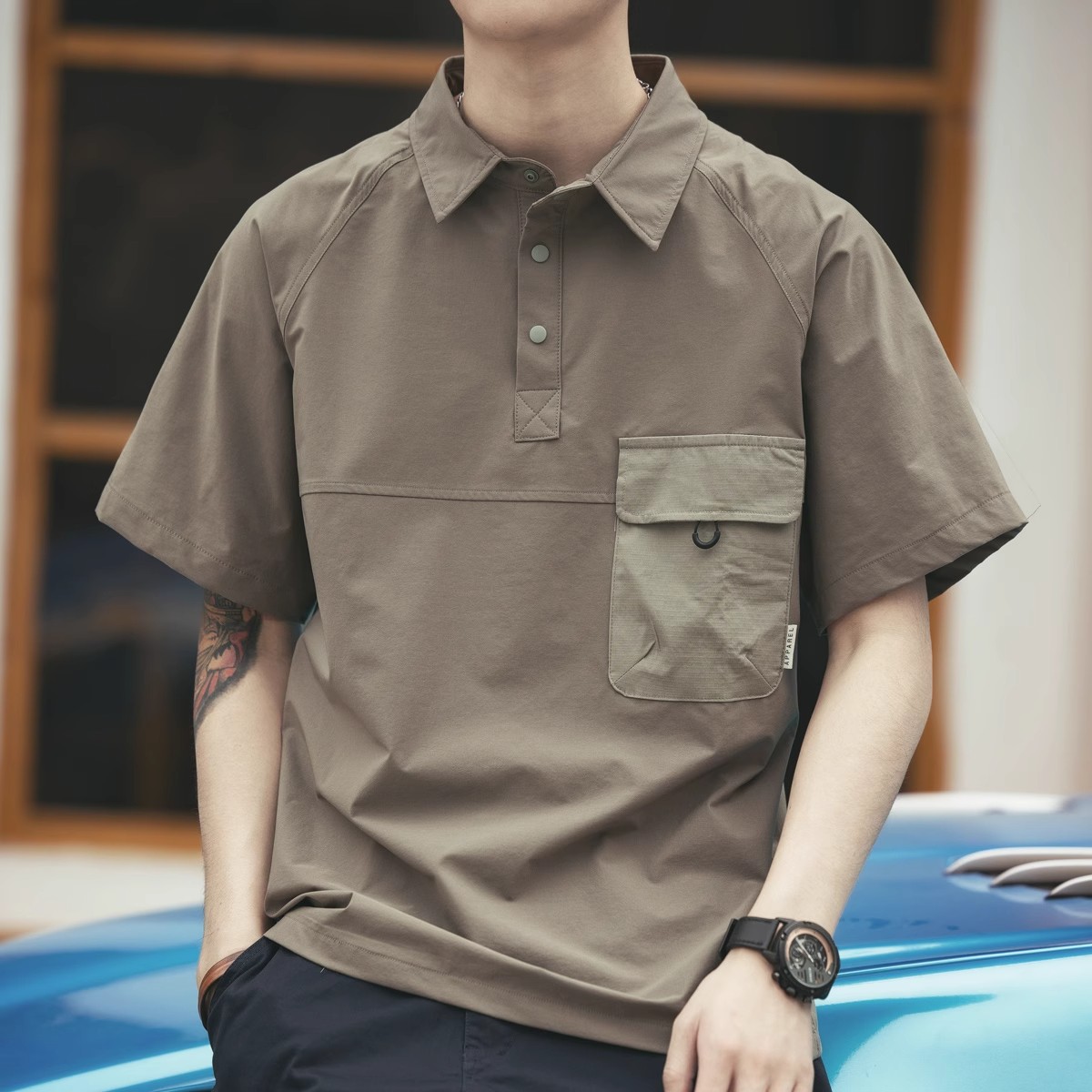 日系工装短袖polo衫男夏季透气宽松重磅五分袖半袖高级感保罗衫潮