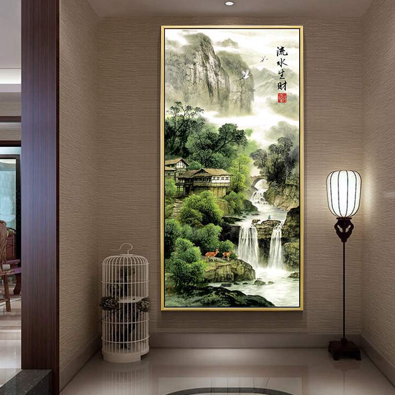 卡卡十字绣新款精准印花客厅流水生财线绣玄关竖版满绣风景山水画