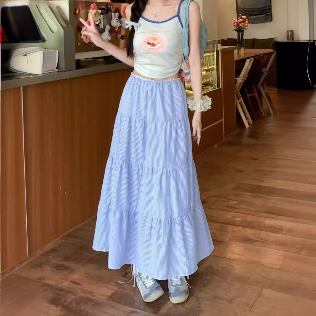 蓝色棉麻条纹半身裙女夏拼接蕾丝半裙小个子森系风高腰a字蛋糕裙