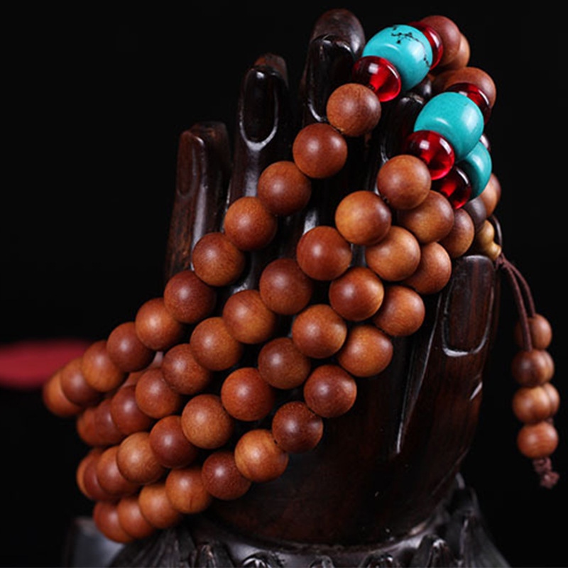 奇香清香檀木文玩手串老山檀绿松石款木质108颗佛珠手串