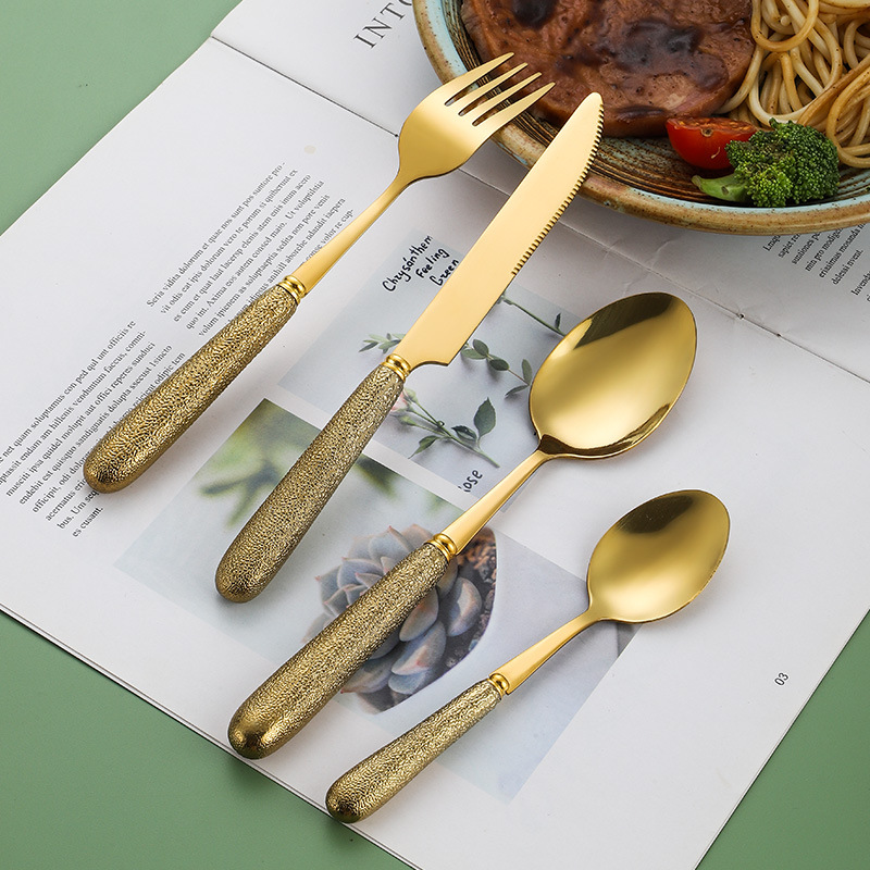 Vintage Stainless Steel Ceramic Handle Knife, Fork and Spoon Coffee Spoon Long Handle Household Light Luxury Western Food Knife, Fork and Spoon Four-Piece Set